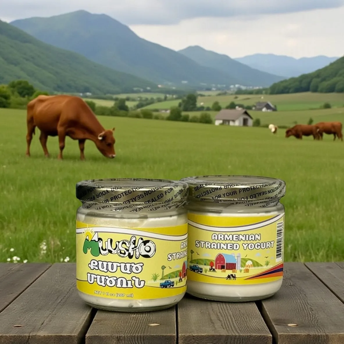 Two jars of Muusho strained yogurt on a table, with cows grazing in a green valley behind